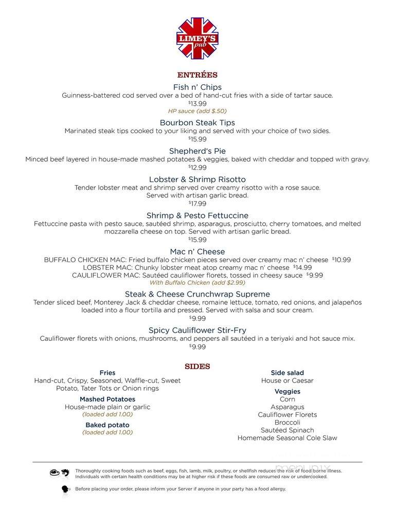Limey's Pub - Norwood, MA menu_pic