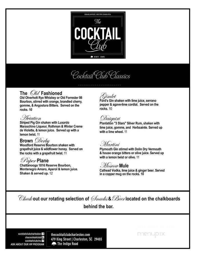 Cocktail Club - Charleston, SC menu_pic