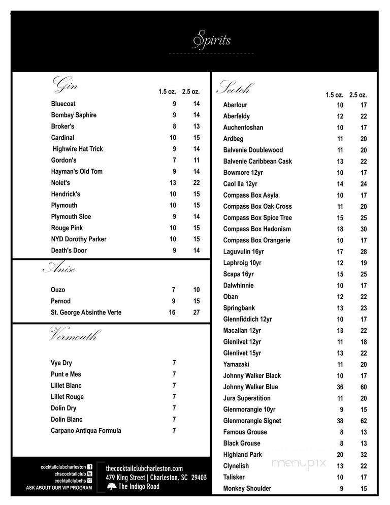 Cocktail Club - Charleston, SC menu_pic