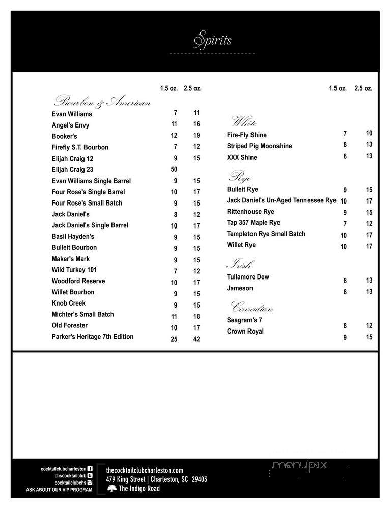 Cocktail Club - Charleston, SC menu_pic