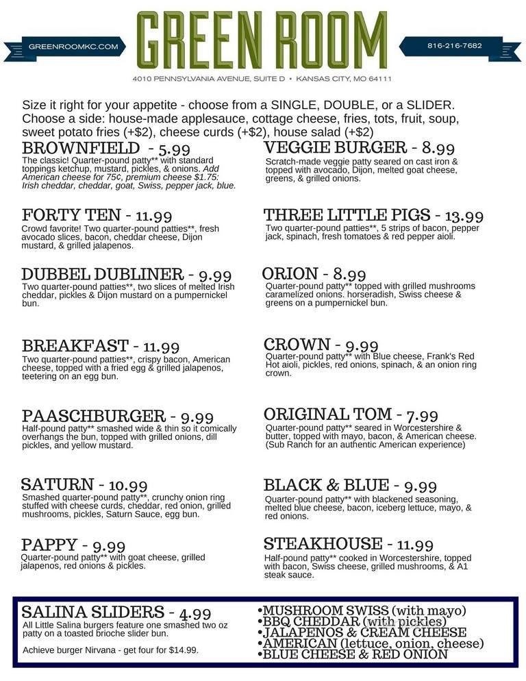 The Green Room Burgers Beer - Kansas City, MO menu_pic