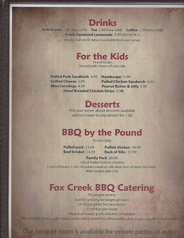 Fox Creek BBQ - Batesville, AR menu_pic