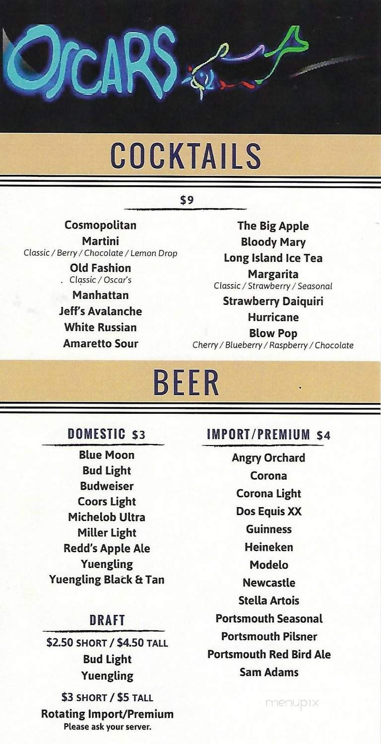 Online Menu of Oscar's, Portsmouth, OH