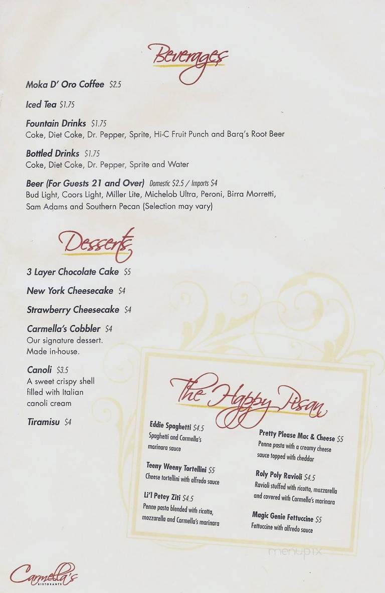 Carmellas - Grenada, MS menu_pic