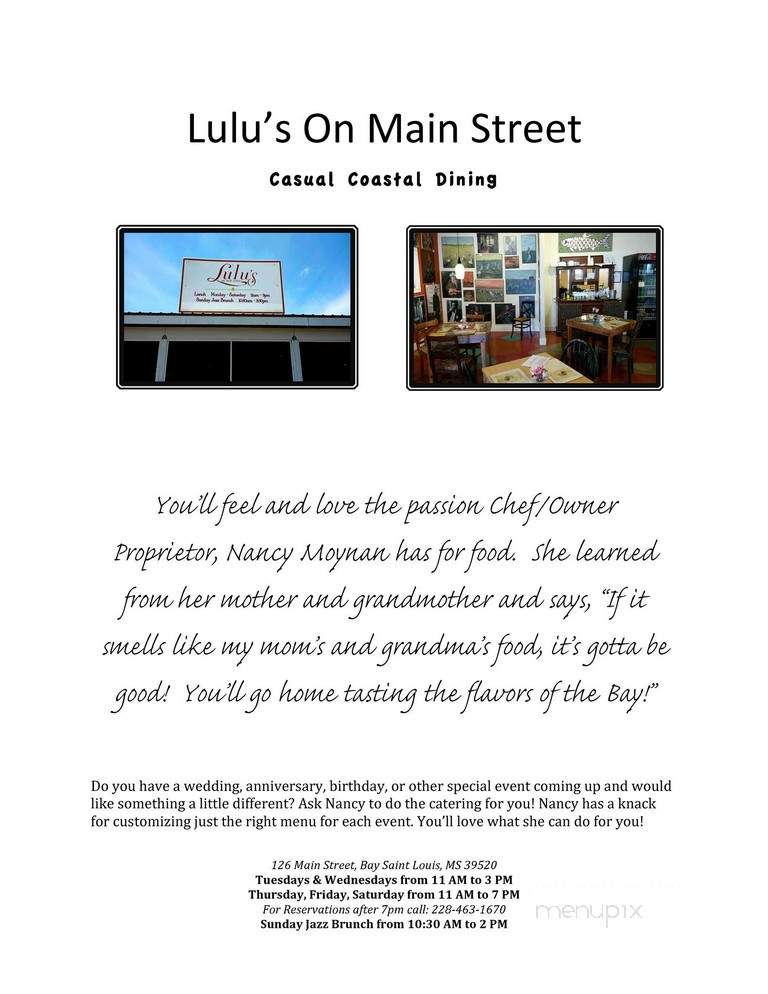 Menu of Lulu&#39;s Restaurant in Bay Saint Louis, MS 39520