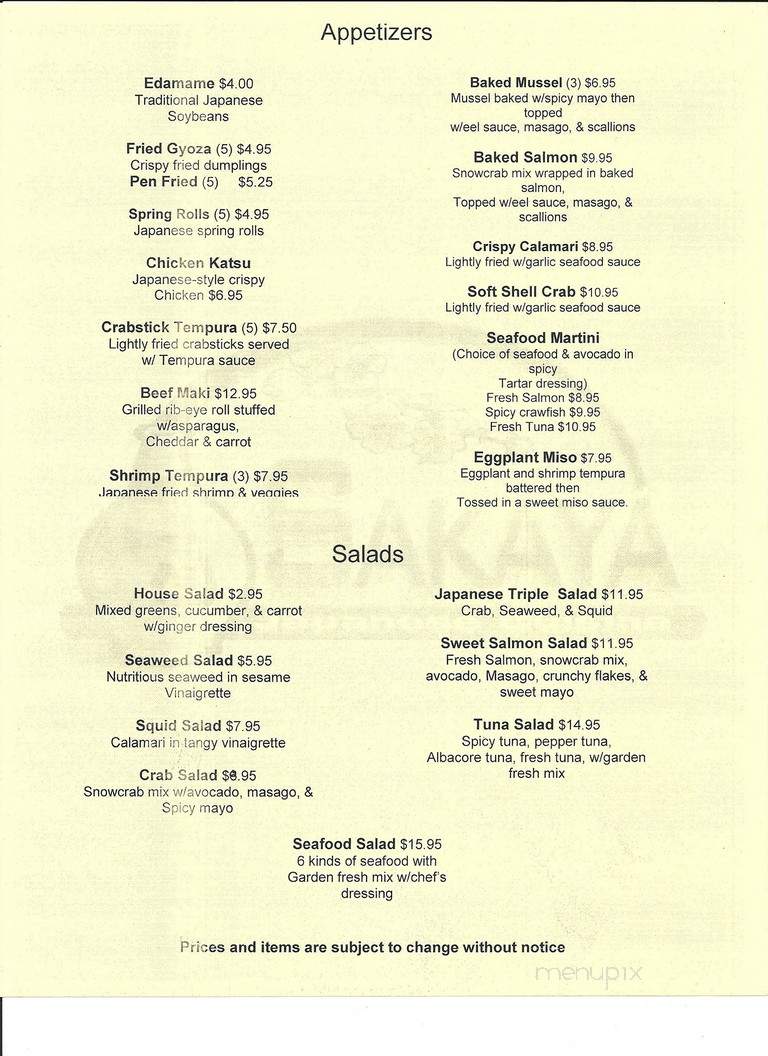 Sakaya Japanese Cuisine - Abbeville, LA menu_pic