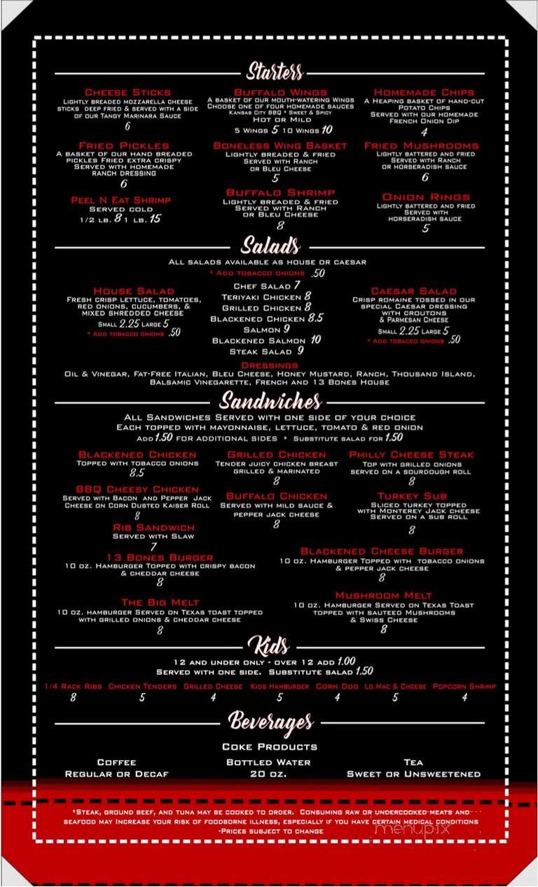 13 Bones - Mount Airy, NC menu_pic