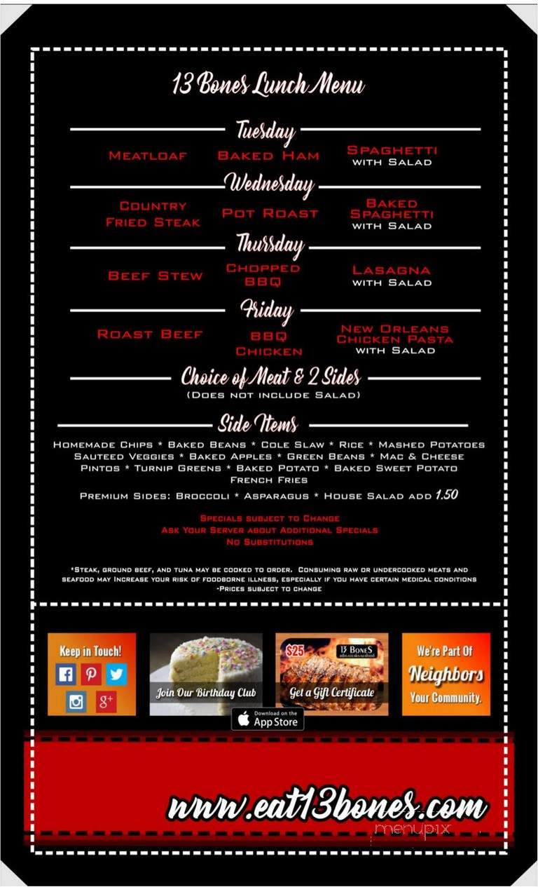 13 Bones - Mount Airy, NC menu_pic