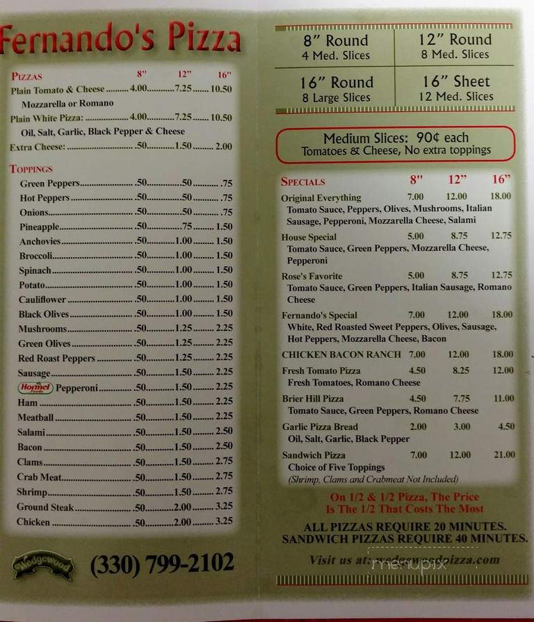 Wedgewood Fernando Pizza - Salem, OH menu_pic