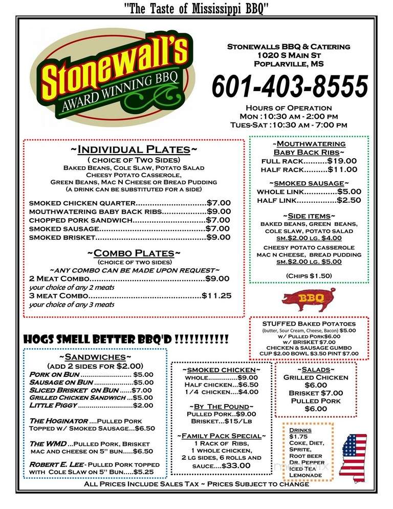 Stonewall's BBQ & Catering - Tupelo, MS menu_pic