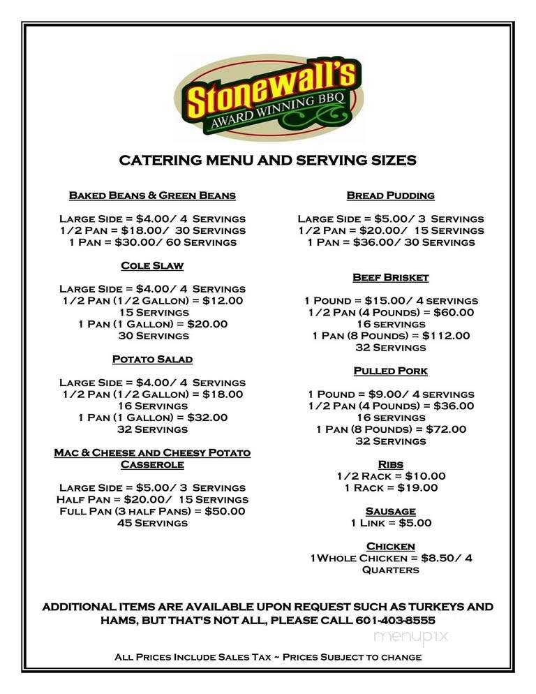 Stonewall's BBQ & Catering - Tupelo, MS menu_pic