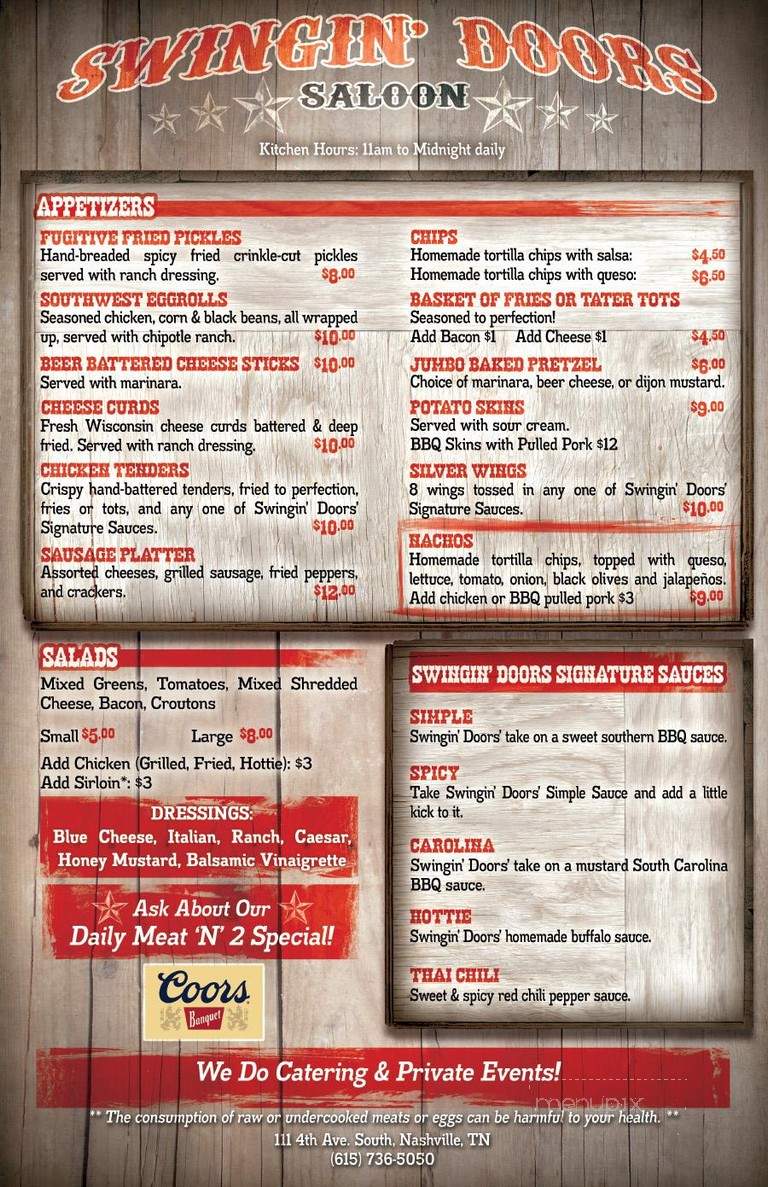 Swingin' Doors Saloon - Nashville, TN menu_pic