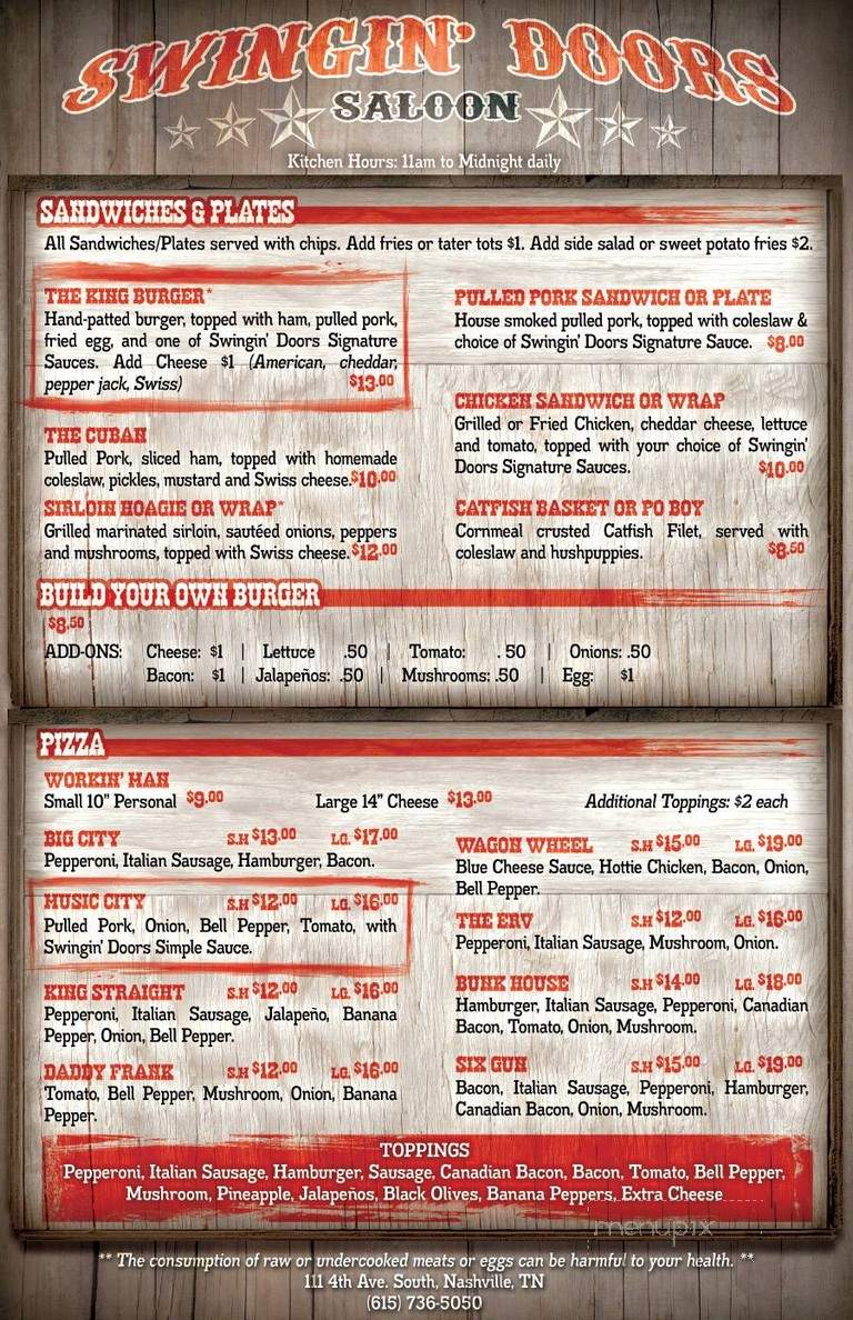 Swingin' Doors Saloon - Nashville, TN menu_pic