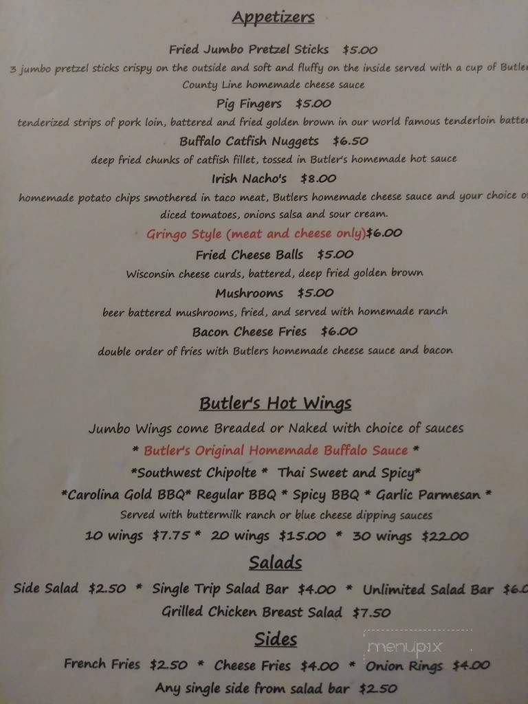 Butler's County Line Bar & Grill - Chandlerville, IL menu_pic