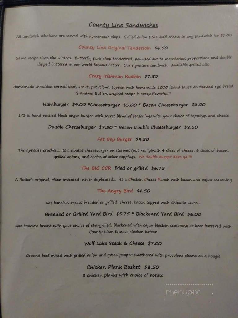 Butler's County Line Bar & Grill - Chandlerville, IL menu_pic