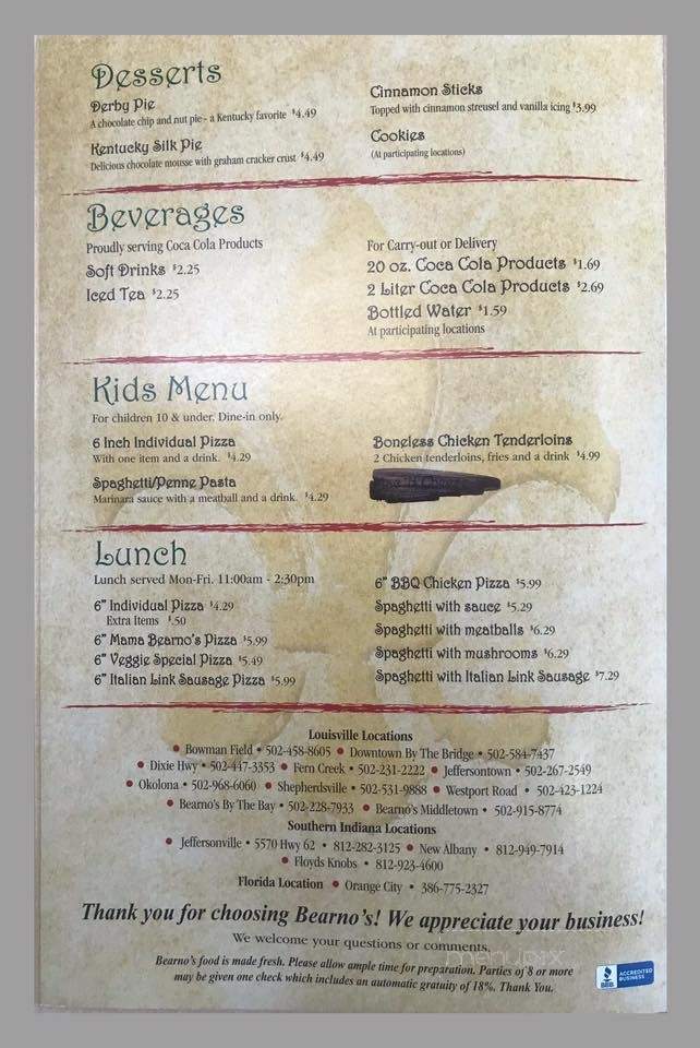 Bearno's Shepherdsville - Shepherdsville, KY menu_pic