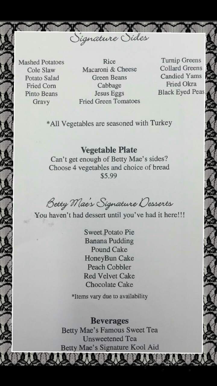 Betty Mae's - Huntsville, AL menu_pic