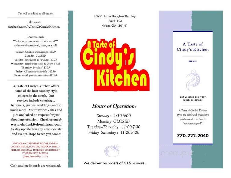 A Taste of Cindy's Kitchen - Hiram, GA menu_pic