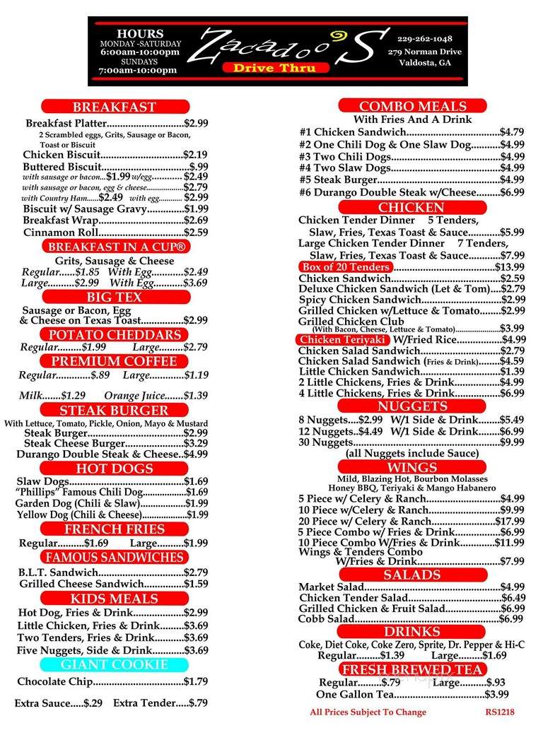 Zacadoo's - Valdosta, GA menu_pic