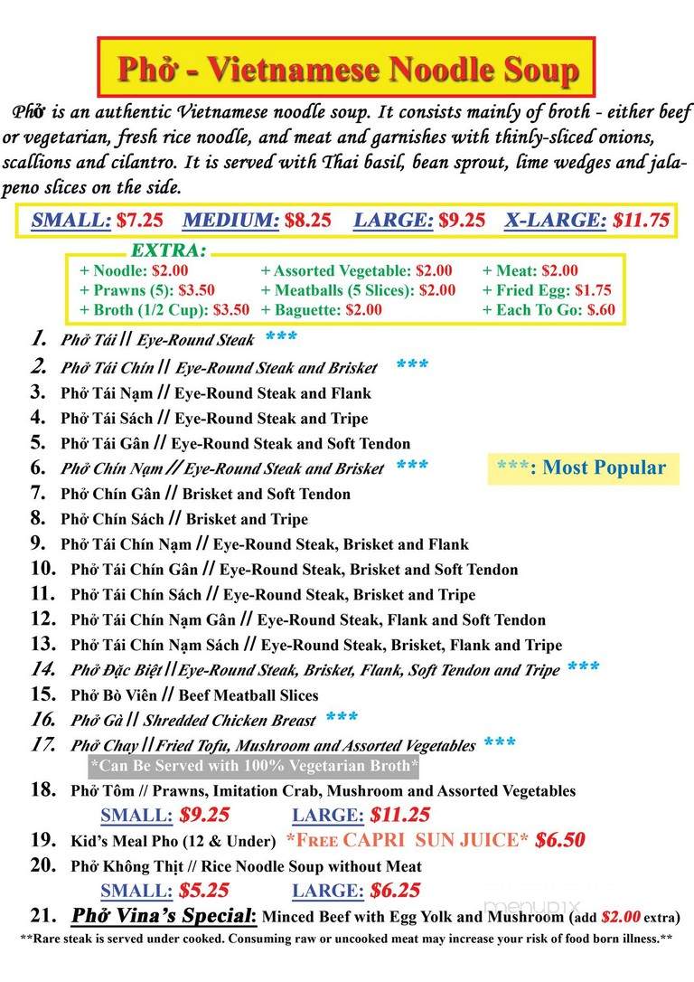 Pho Vina - Woodinville, WA menu_pic