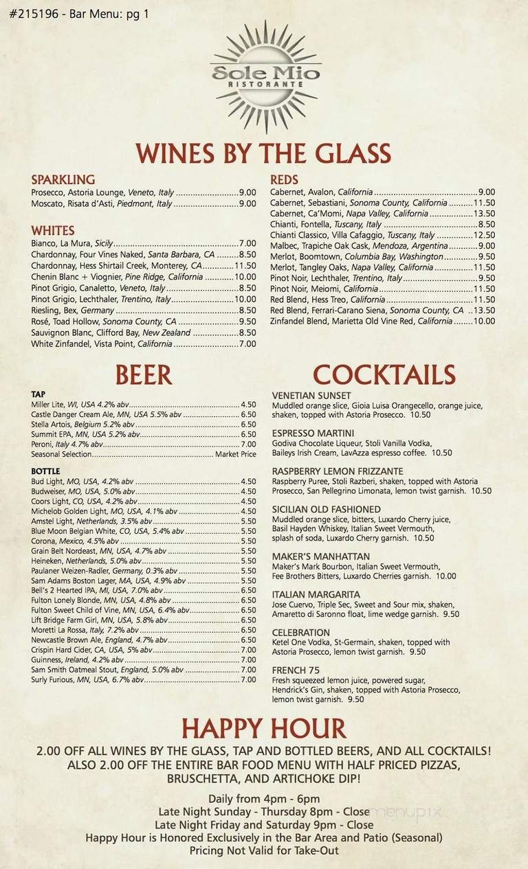 Sole Mio Ristorante - Woodbury, MN menu_pic