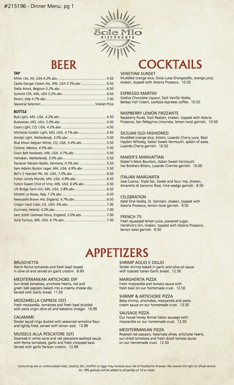Sole Mio Ristorante - Woodbury, MN menu_pic