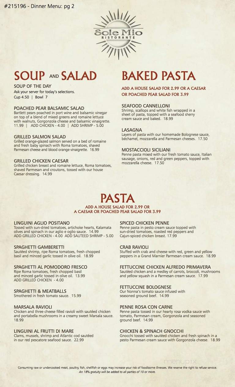 Sole Mio Ristorante - Woodbury, MN menu_pic