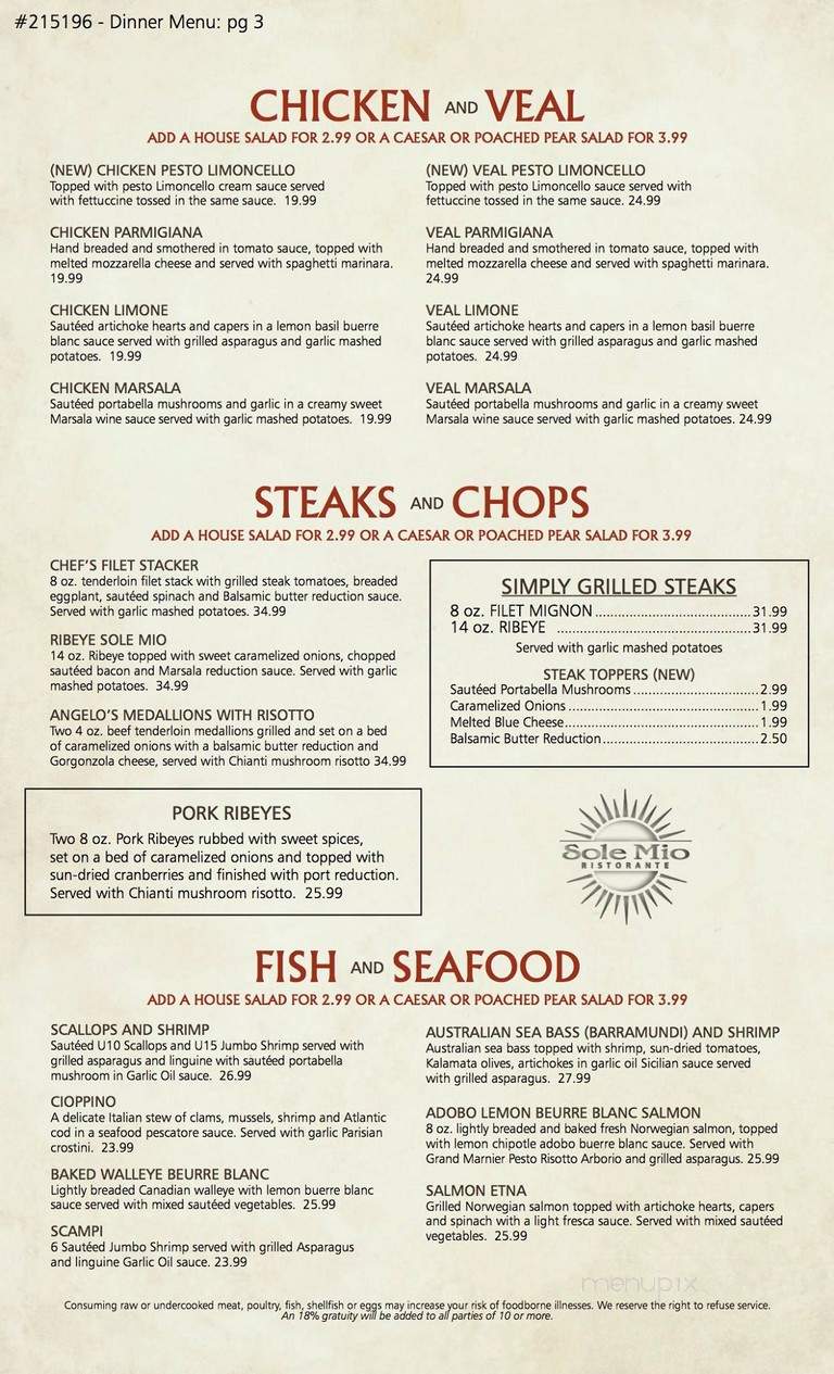 Sole Mio Ristorante - Woodbury, MN menu_pic