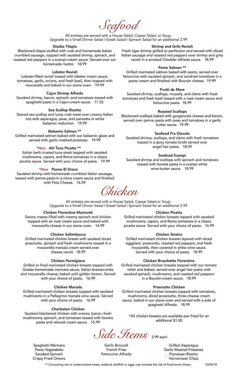 Giadas Trattoria - Kernersville, NC menu_pic