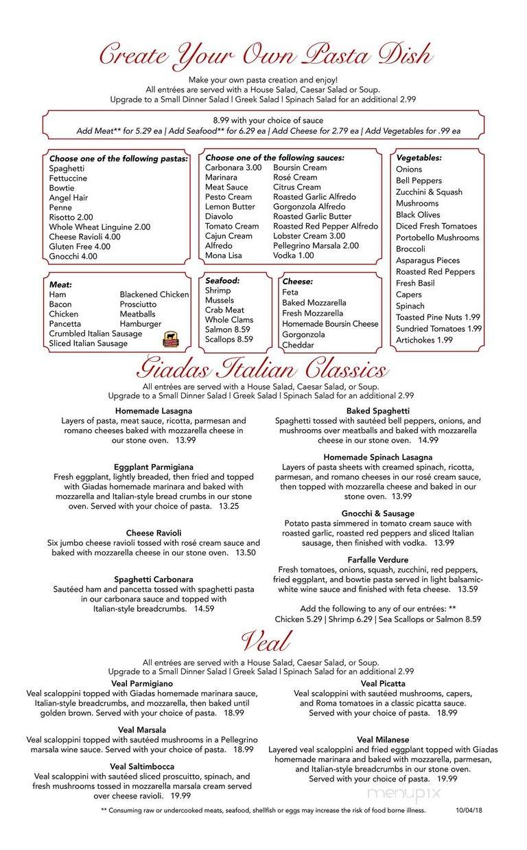 Giadas Trattoria - Kernersville, NC menu_pic