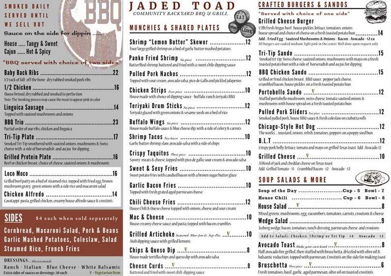 The Jaded Toad BBQ & Grill - Windsor, CA menu_pic