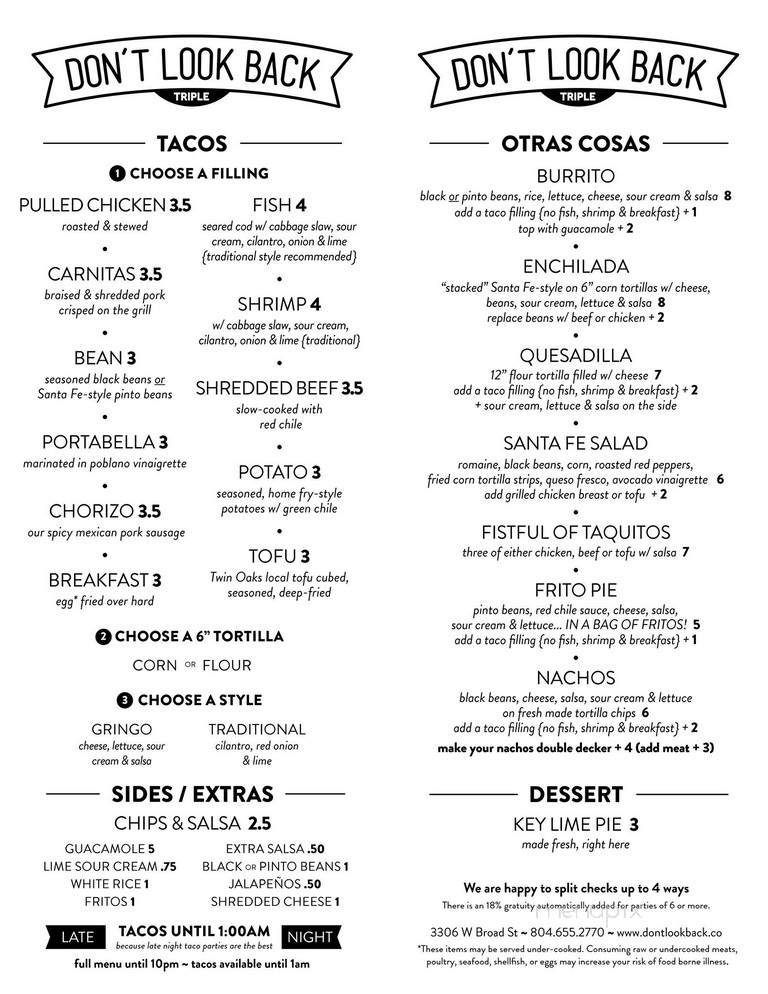 Don'T Look Back - Richmond, VA menu_pic