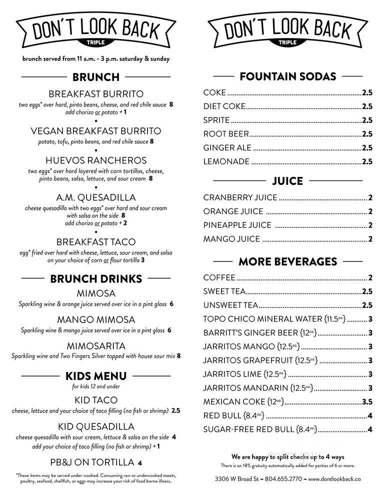 Don'T Look Back - Richmond, VA menu_pic