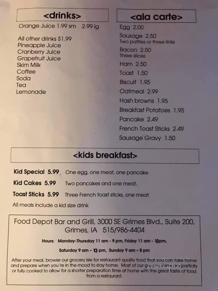Food Depot Bar and Grill - Grimes, IA menu_pic