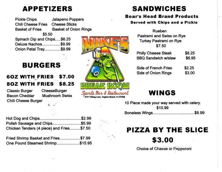 Mike's Break Room - Virginia Beach, VA menu_pic