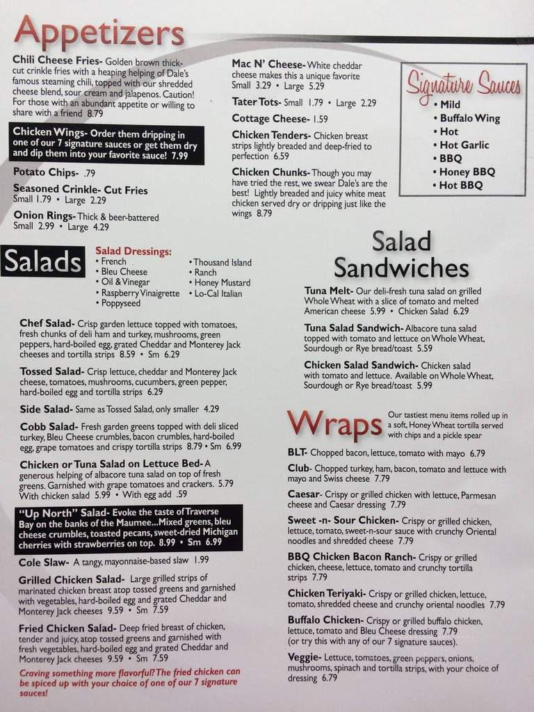 Dale's Diner - Waterville, OH menu_pic