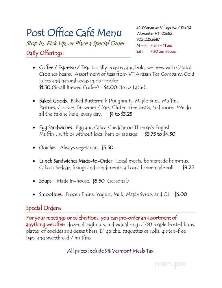 Post Office Cafe - Worcester, VT menu_pic