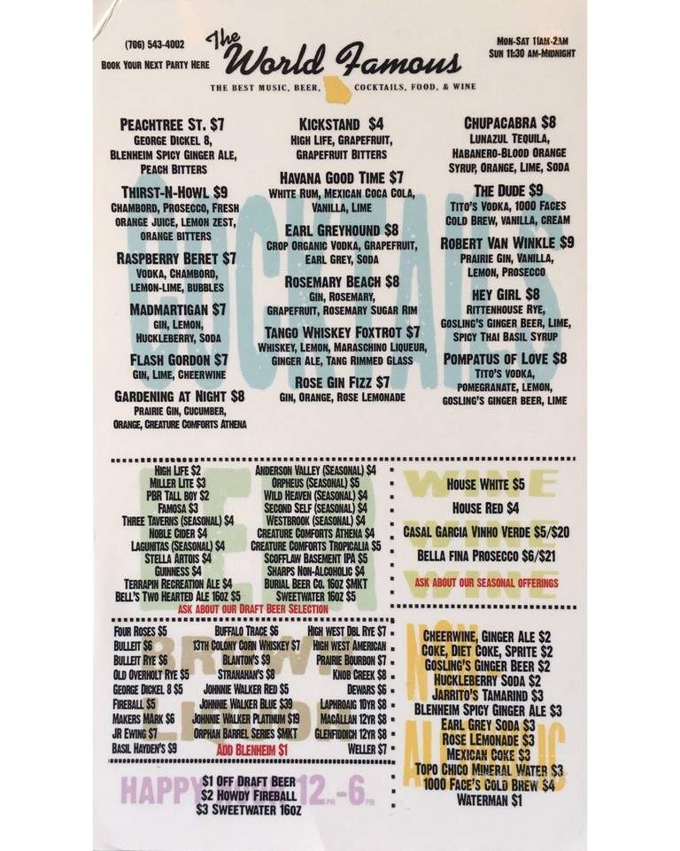 Menu of The World Famous in Athens GA 30601