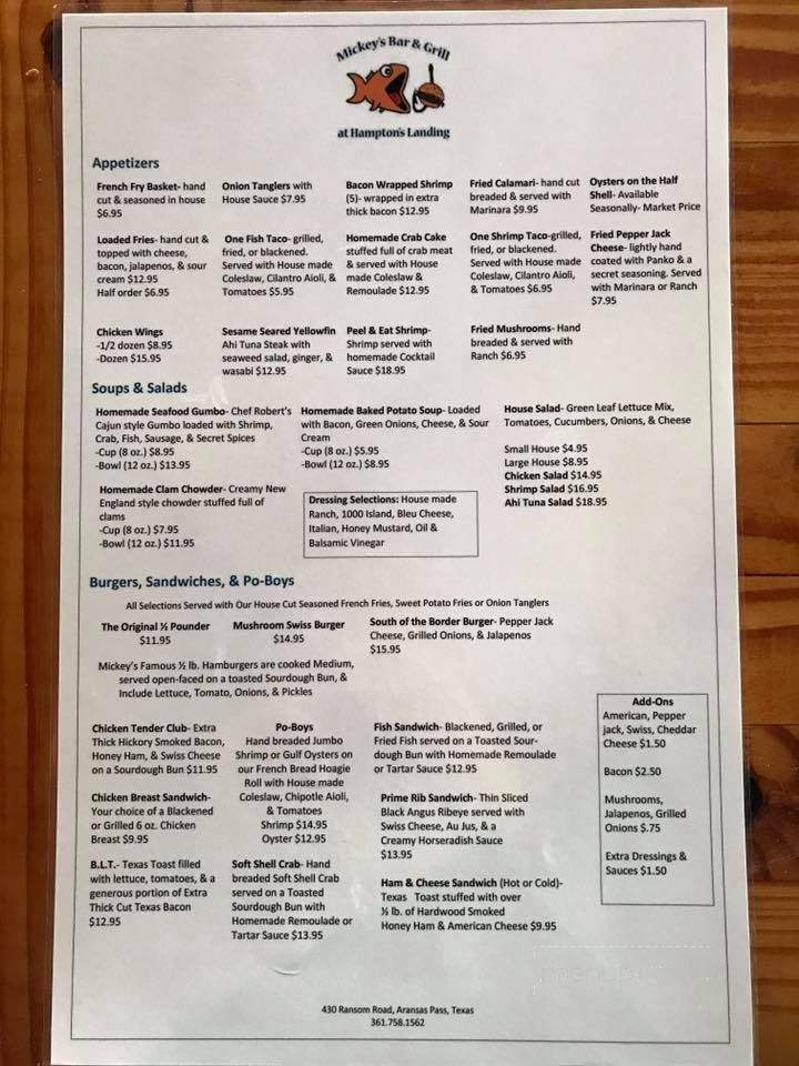 Online Menu of Mickey's Bar & Grill, Aransas Pass, TX