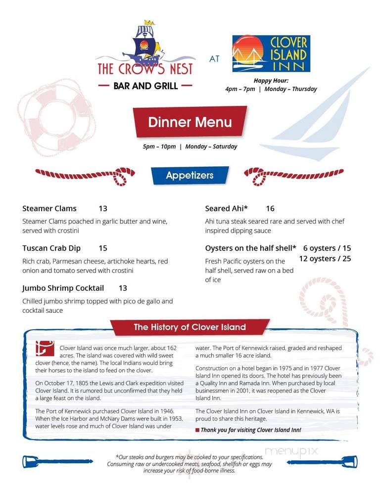 The Crow's Nest at Clover Island Inn - Kennewick, WA menu_pic
