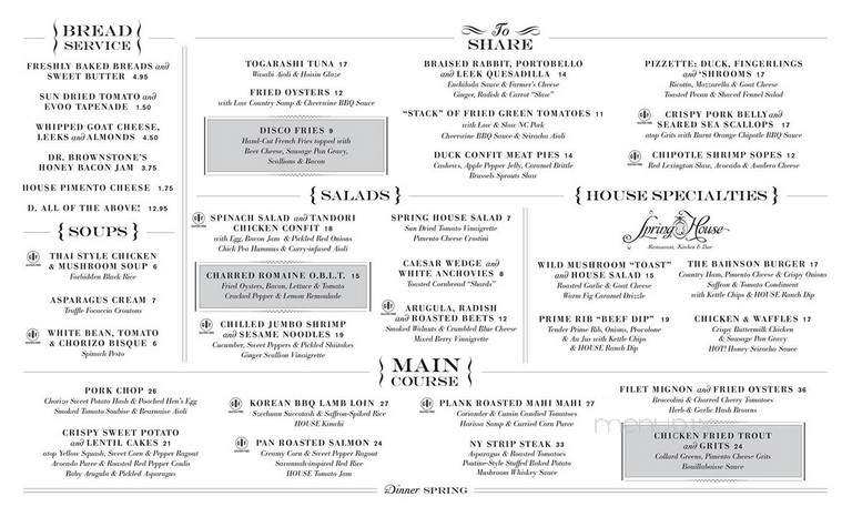 Spring House Restaurant, Kitchen Bar - Winston Salem, NC menu_pic
