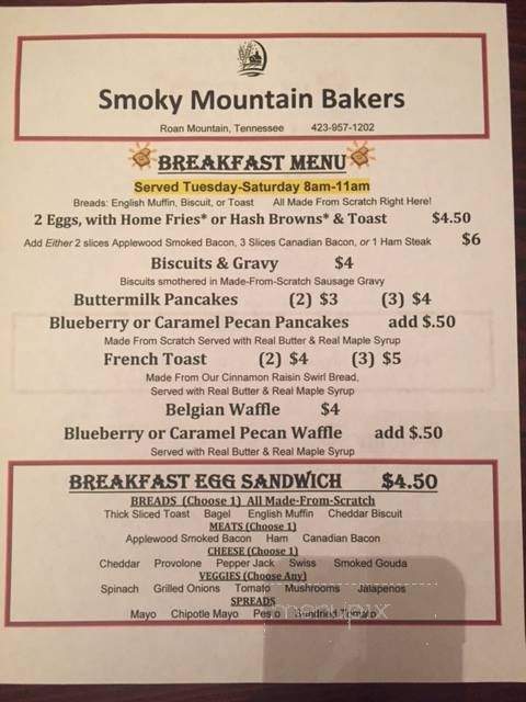 Smoky Mountain Bakers - Roan Mountain, TN menu_pic