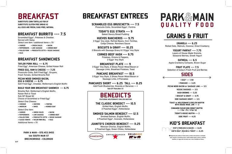 Park Main - Breckenridge, CO menu_pic