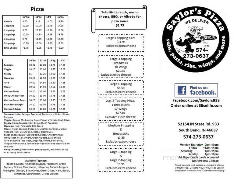 Saylor's Pizza - South Bend, IN menu_pic