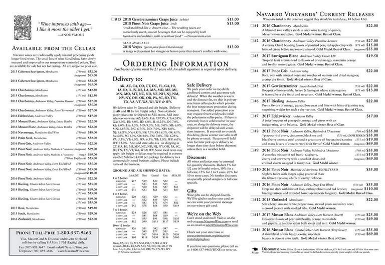 Navarro Vineyards - Philo, CA menu_pic