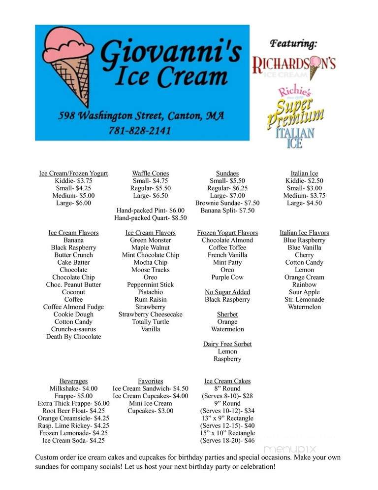 Giovanni's Ice Cream - Canton, MA menu_pic