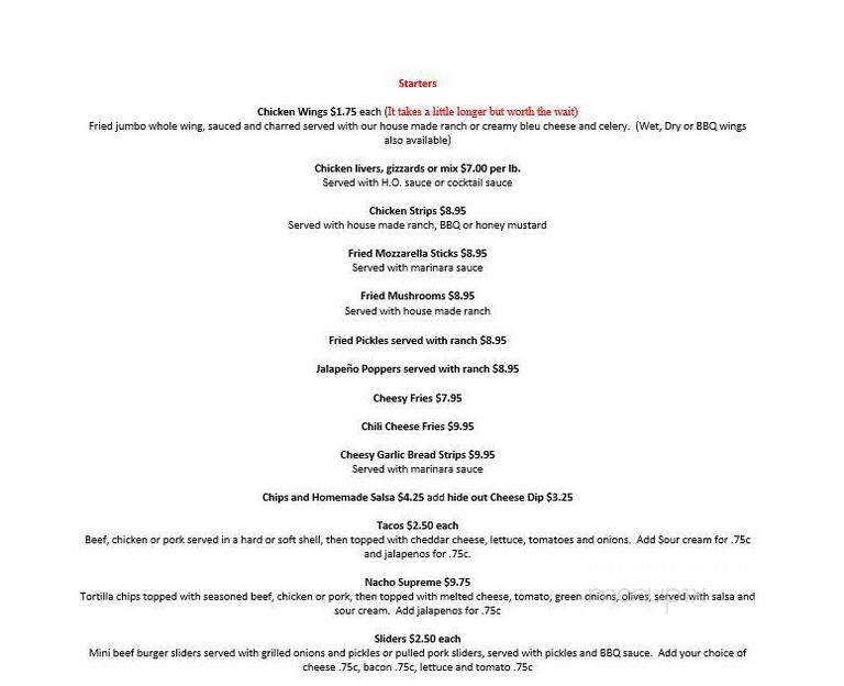 Hide Out Bar Grill - Gladstone, MO menu_pic