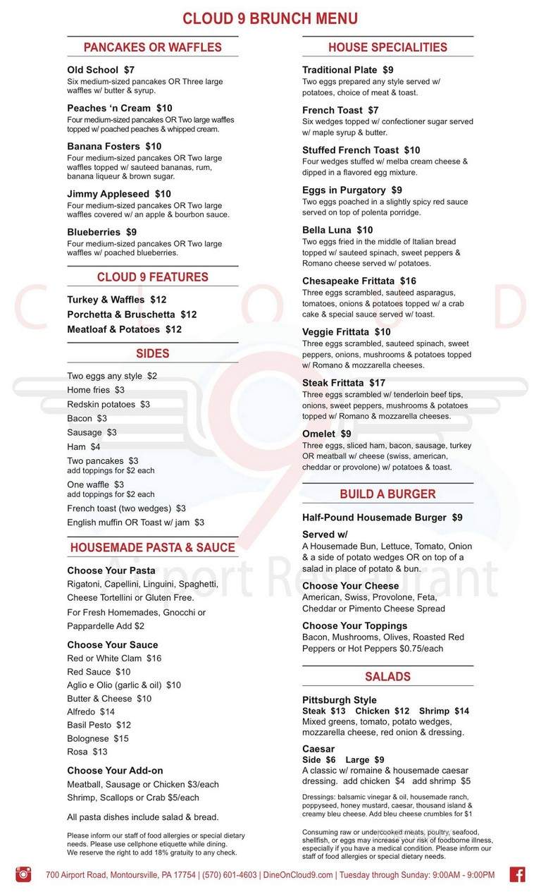 Cloud 9 - Montoursville, PA menu_pic