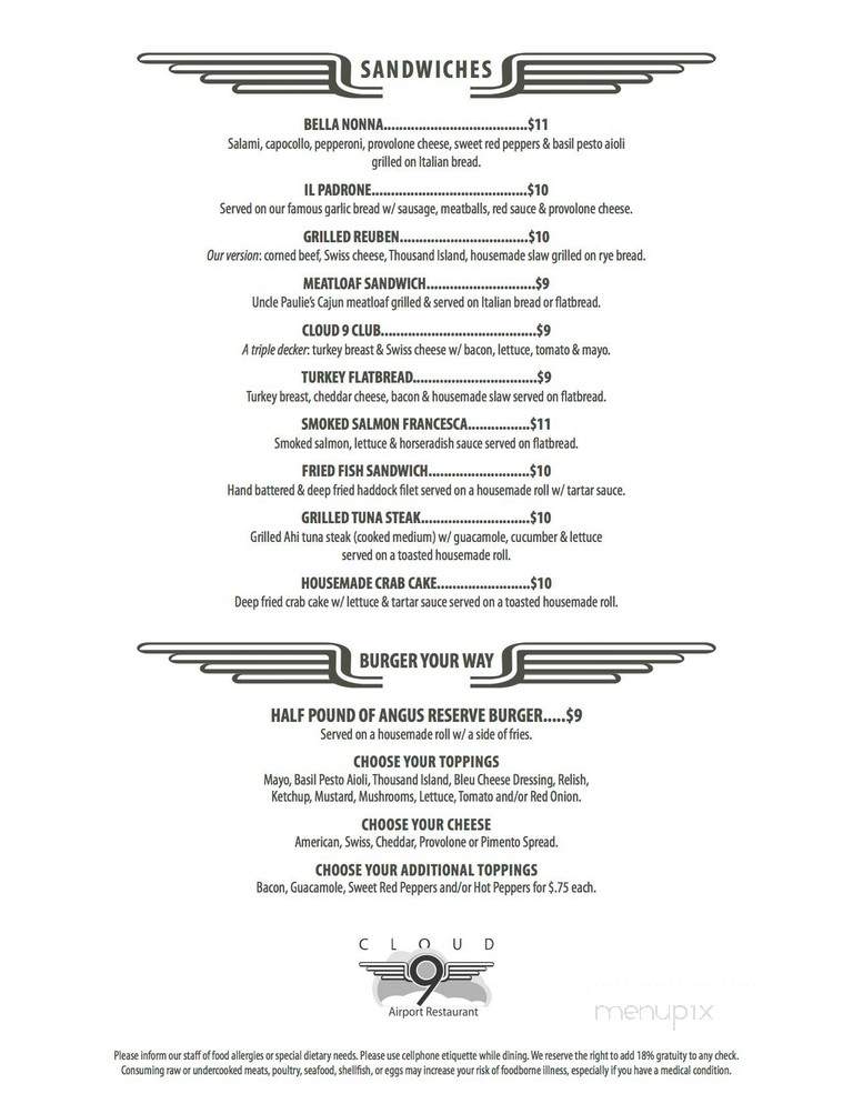 Cloud 9 - Montoursville, PA menu_pic