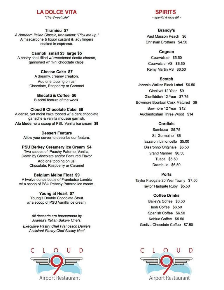 Cloud 9 - Montoursville, PA menu_pic